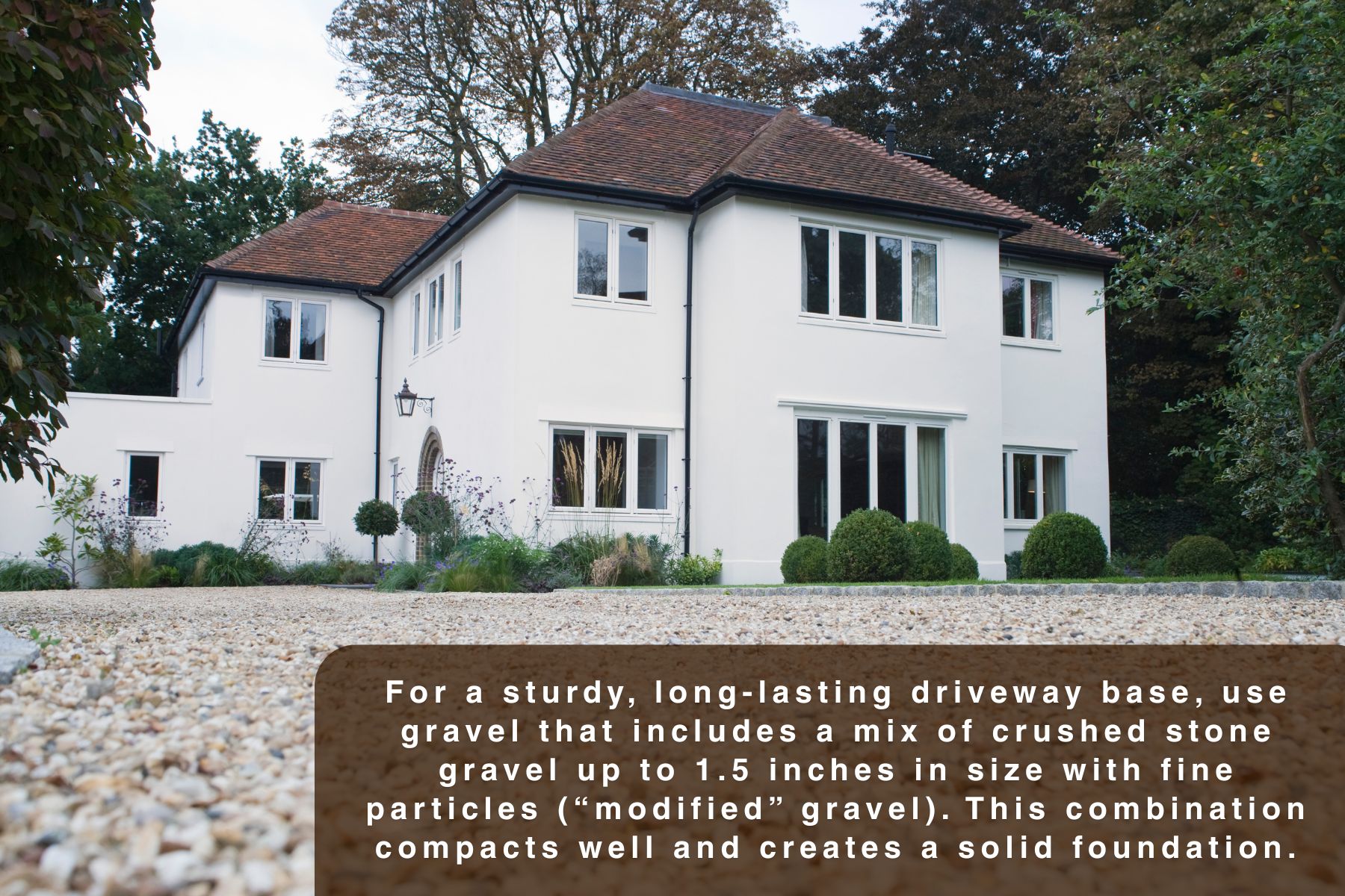 For a sturdy, long-lasting driveway base, use gravel that includes a mix of crushed stone gravel up to 1.5 inches in size with fine particles (“modified” gravel). This combination compacts well and creates a solid foundation.